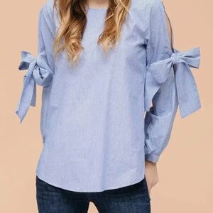 Pleione Light Blue Bow Sleeve Blouse